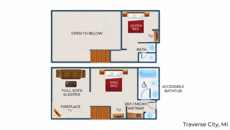 The floor plan for the accessible Loft Fireplace Suite